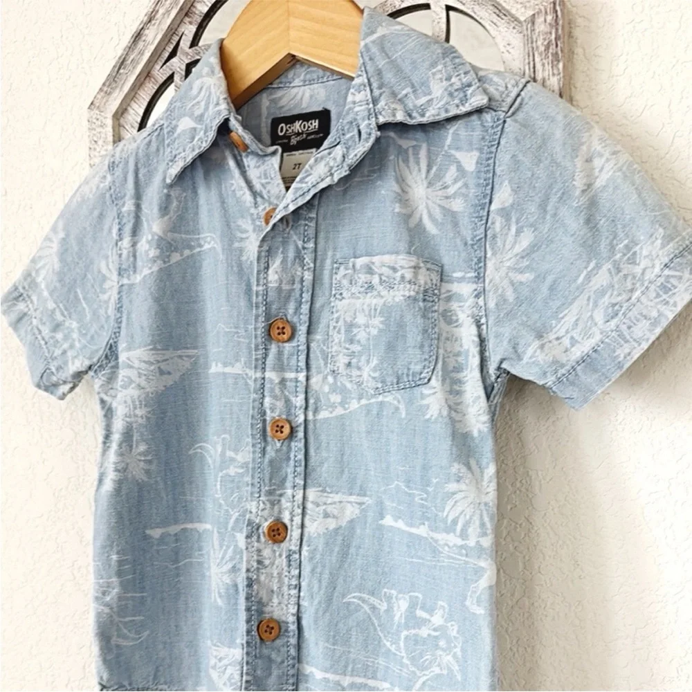 OshKosh B’gosh • Boys 2T Blue Chambray Dinosaur Tropical Button Up Shirt